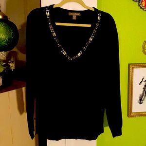 Handset rhinestone V-neck Tommy Bahama sweater; Black XL